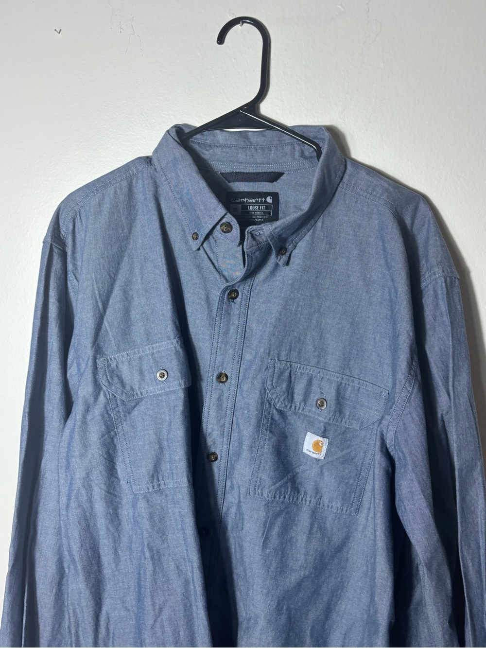 Carhartt Mens XL Loose Fit Blue Chambray Work Shirt Button Up Long Sleeve - Picture 6 of 9
